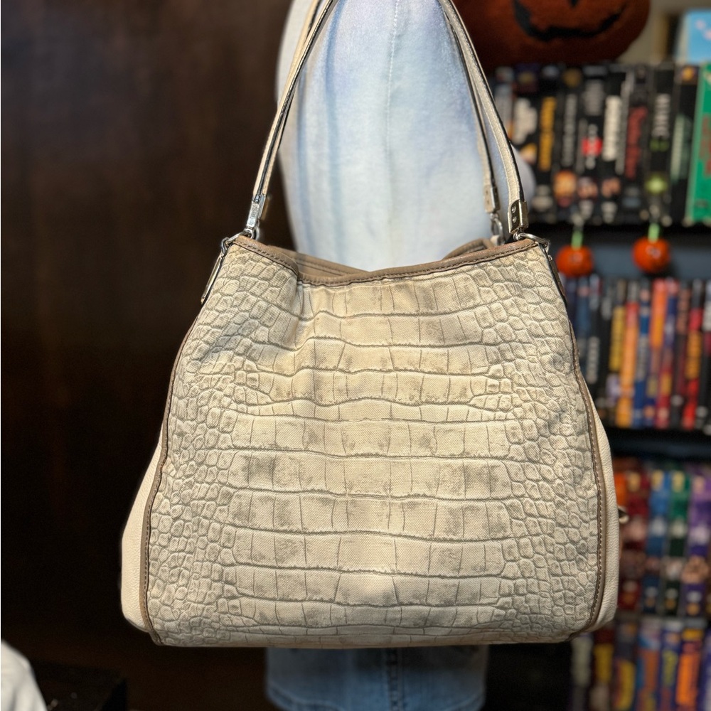 Coach Madison canvas, leather cream, crocodile, embroidered shoulder bag
